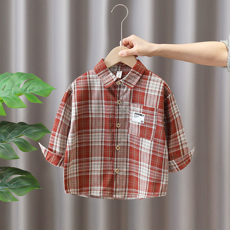 7817 Ropa para niños Camisa de primavera y otoño para niños 2025 Nueva camisa a cuadros para niños Camisa de manga larga de primavera para bebés