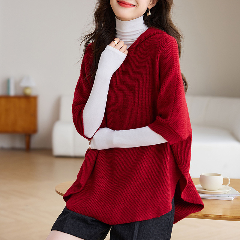 Cape hooded pullover women's autumn and winter lazy style 2023 new half sleeve design sweater plus size