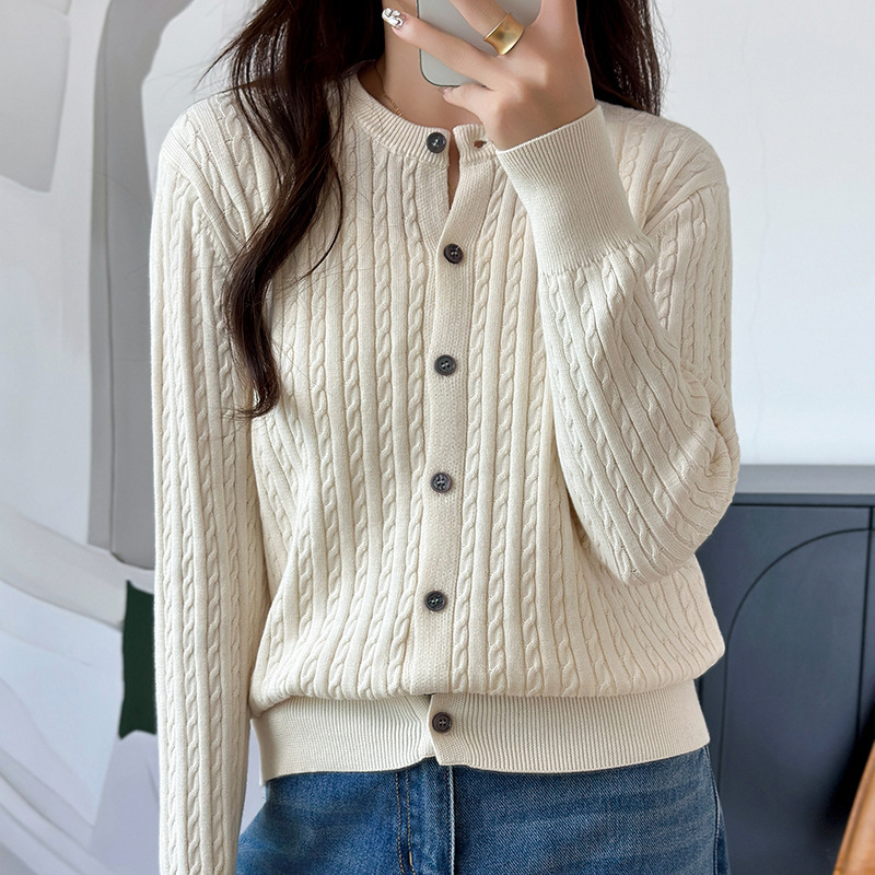 Autumn and Winter New Style Cotton Striped Sweater Korean Style Round Neck Twist Knitted Cardigan Outer Top Women's Jacket Wholesale Autumn and Winter New Style Cotton Striped Sweater Korean Style Round Neck Twist Knitted Cardigan Outer Top Women's Jacket Wholesale