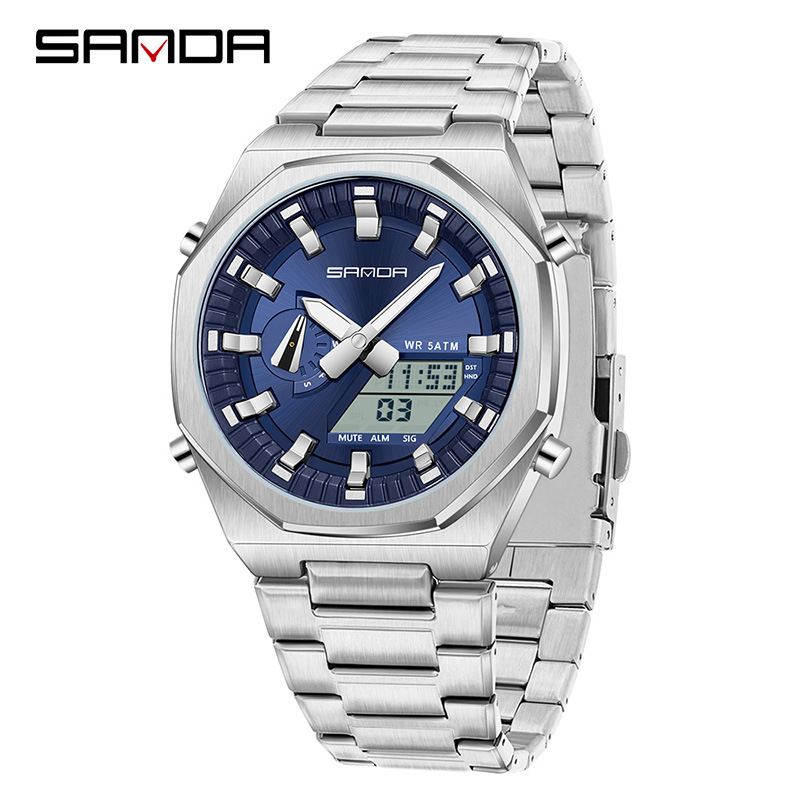 SANDA SANDA reloj electrónico sincronizado doble pantalla multifuncional reloj de hombre octogonal cuenta atrás reloj de pulsera de luz nocturna 3376