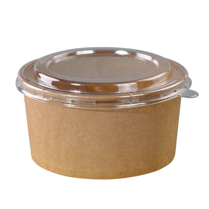 Taza de papel desechable caja de comidas kraft personalizada redonda de ensalada de frutas ligeras caja de embalaje al por mayor con tapa para llevar