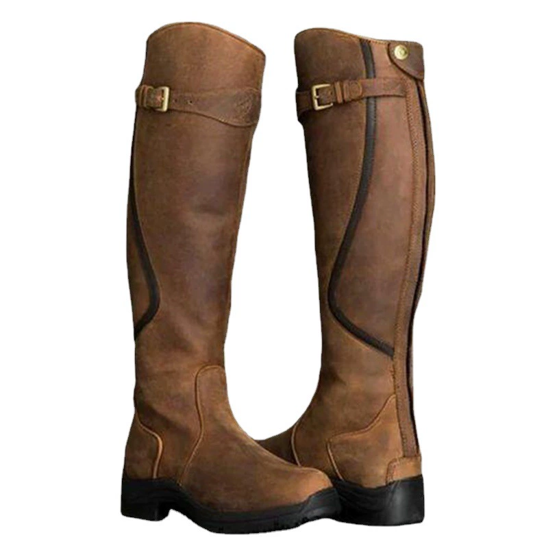 Осень и зима 2021 Новые женские кожаные сапоги Amazon больших размеров в наличии для внешней торговли с высокой трубкой и длинным плоским круглым носком