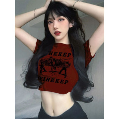 独特绝美酒红色正肩短袖t恤女夏季美式jazz甜辣修身显瘦短款上衣