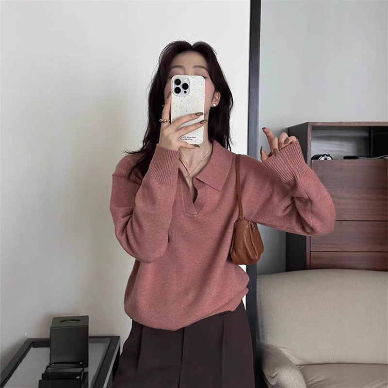 Soft and Waxy Polo Lapel Sweater for Women, Autumn and Winter Retro Hong Kong Style Lazy Style Top, Casual Knitted Bottoming Shirt for Women