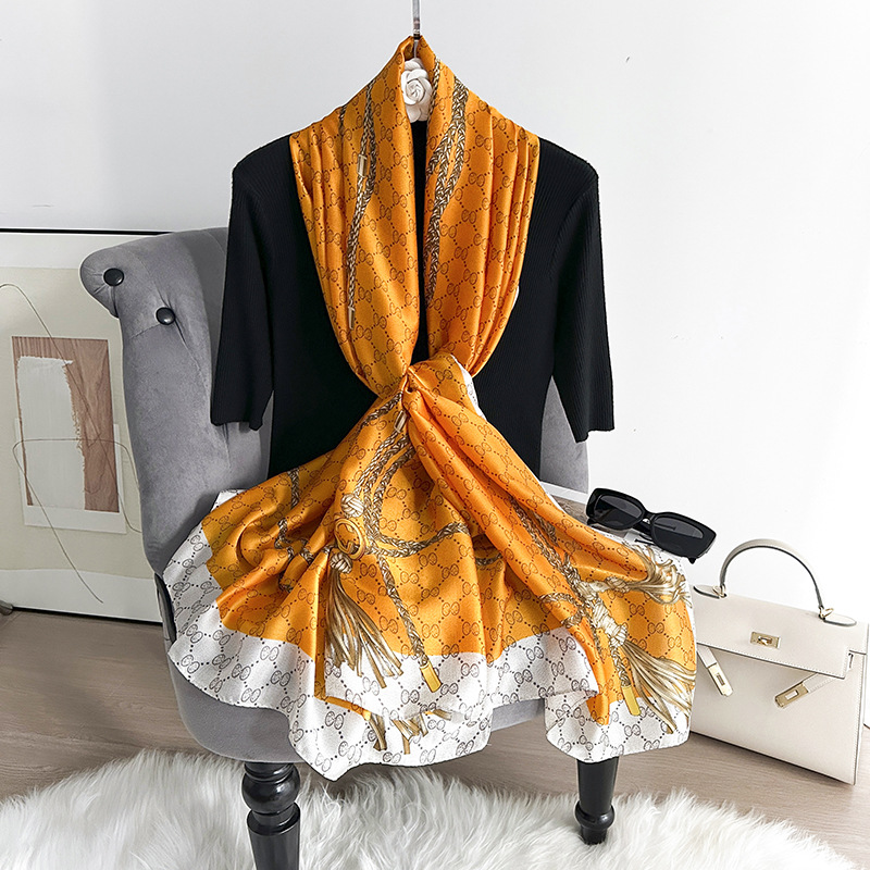 Bufanda de seda de satén de seda nueva marca de moda Bufanda de seda larga de gama alta Bufanda delgada de verano para mujer Bib de todo fósforo para madre de regalo chal