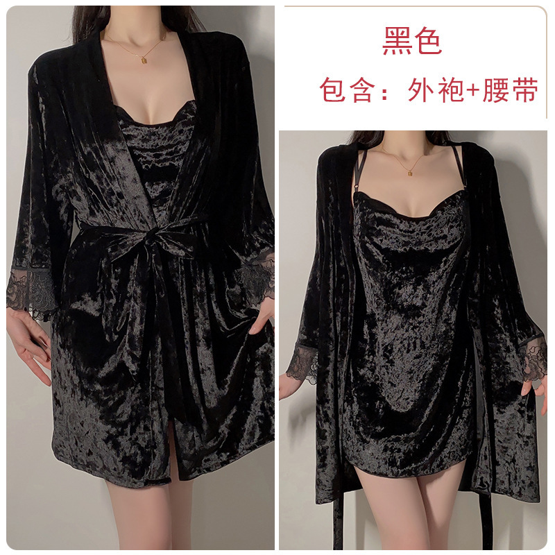 瑰若甜美蝴蝶露背睡衣纯欲惹火深V荡领丝绒睡裙外袍家居套装4887|undefined