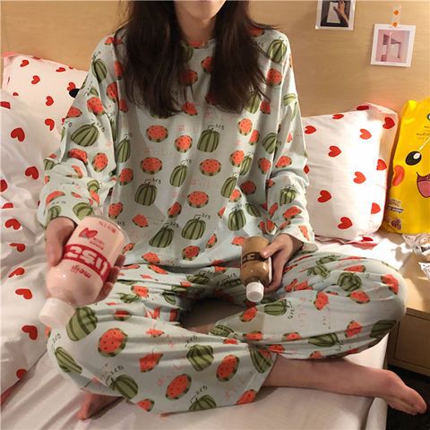 Amazon Pajamas for Women Spring and Autum Ins Thin Full-Print Watermelon Cute Girls Home Clothes Petite Suit