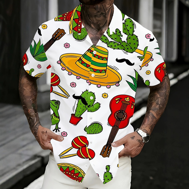 White Background with Mexican-Style Cactus, Wide-Brimmed Hat, Guitar, All-Over Print Cuban Collar Shirt for Men, Summer Loose-Fitting Vacation Wear
