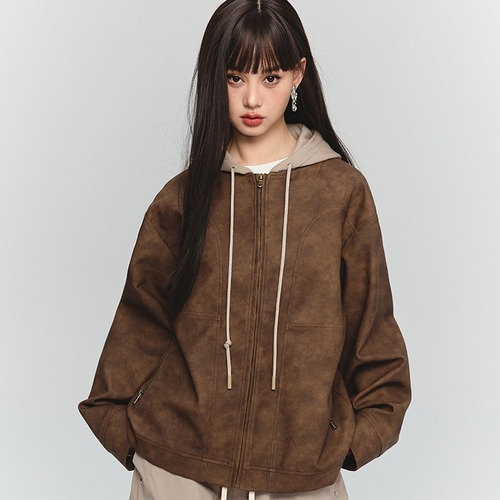 Autumn/Winter American Style Leather Jacket with Pockets, Biker Jacket, Hooded Sweatshirt, Unisex, High-end Feel