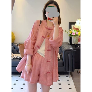 NUNBAI夏季新款睡衣时尚百搭宽松盘扣复古中式短裤可外穿