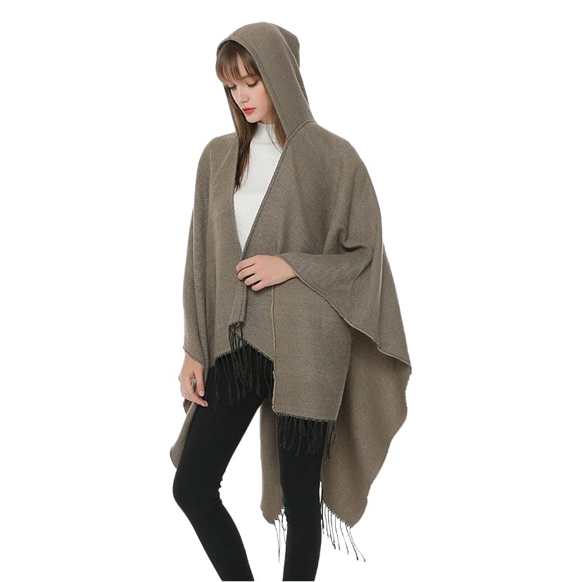European and American Style Solid Color Simple Split Fringe Shawl Cape for Women, Suitable for Office and Outdoor Use, Warm for Autumn and Winter
