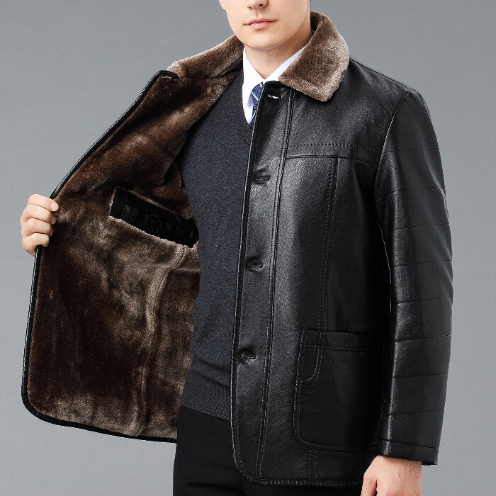 Winter Fleece-Lined Thick Genuine Leather Jacket for Men, Casual Leather and Fur Integrated Button-Up Jacket for Middle-Aged and Elderly Men