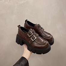 厚底乐福鞋女2025秋新款舒适软底英伦风双扣小个子增高粗跟小皮鞋