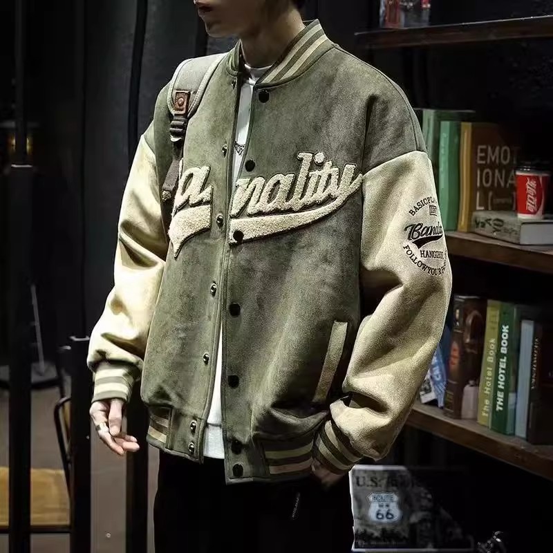 美潮oversizeコート男2024春秋アメリカ復古スエードジャケット潮牌復古野球服|undefined