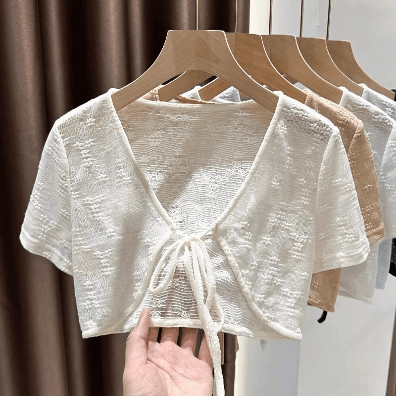 Lace-up short-sleeved cardigan for women, perfect for summer, paired with skirts, shawls, cover-ups, or as an outer layer. Thin and lightweight.