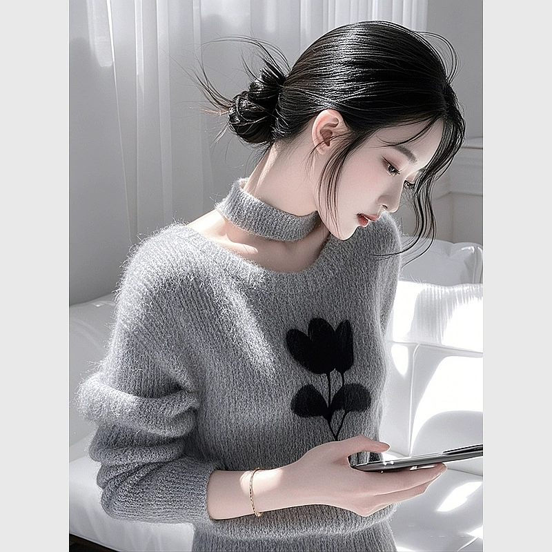 Ленивый мягкий восковой серый свитер женский 2024 зимний толстый иностранный дух уникальный шикарный трикотажный топ