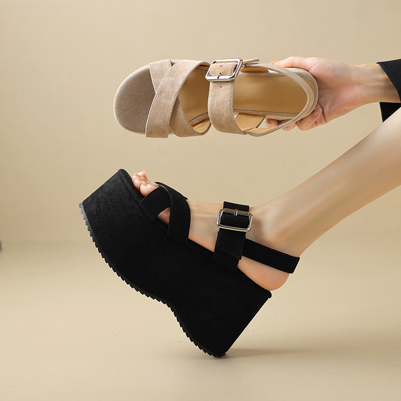 Sandal cao gót nữ hở mũi dây chéo da thật gót 10 cm phong cách La Mã — màu đen, màu mơ