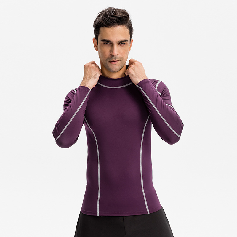 Men Fitness Long-Sleeved High-Elastic Tight-Fitting Quick-Drying Running Training Suit High-Neck Color-Blocking Sports Top