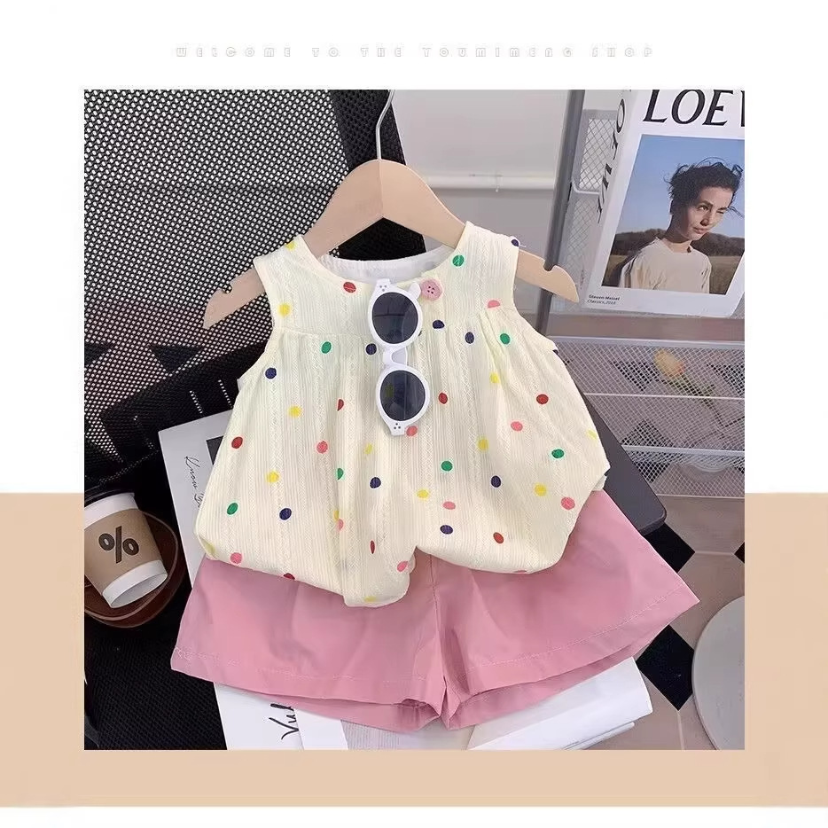夏季女童薄款洋气短袖套装洋气小女孩满印圆点背心短裤两件套潮款