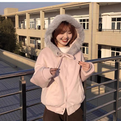 韩系学院粉粉色棒球服女秋冬季连帽毛毛夹棉妮子清新甜美外套上衣
