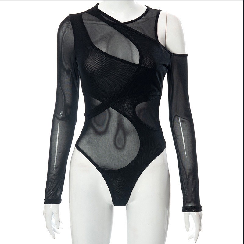 Ropa de verano europea y americana para mujer, body ajustado de malla transparente, top sexy con aberturas, estilo sensual y atrevido.