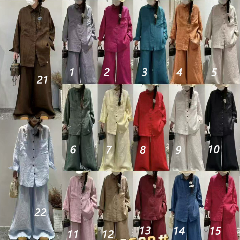 Cz Casual Two-Piece Set 2026 Summer Japanese Style Solid Color Linen Shirt Wide-Leg Pants Multi-Color Suit for Women Export