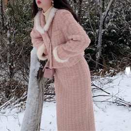 气质名媛套装女冬装2023新款小香风加厚复古粉色外套半身裙两件套