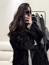 开间小湖羊仿水貂皮毛一体皮草V领貂皮羊羔毛毛外套女黑色大衣