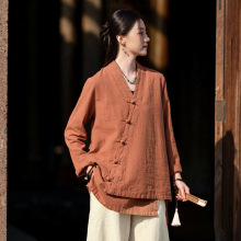 25秋季棉麻女装复古禅意手工缠线盘扣上衣衬衫女斜襟V领系绳外套