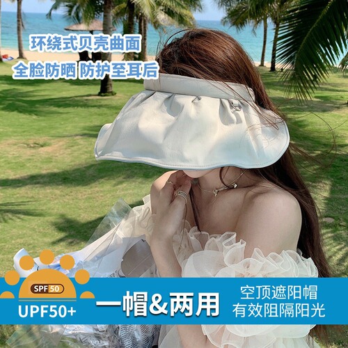 Summer Top-Down Sun Hat for Women, Black Rubber UV Protection Shell Sun Hat with Wide Brim