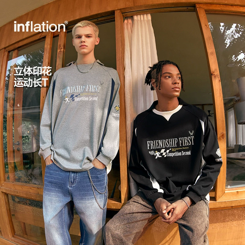 INF мужская одежда | Спортивная длинная футболка Sporty chic с стерео принтом 2024 Новый американский ретро длинный рукав осенью и зимой