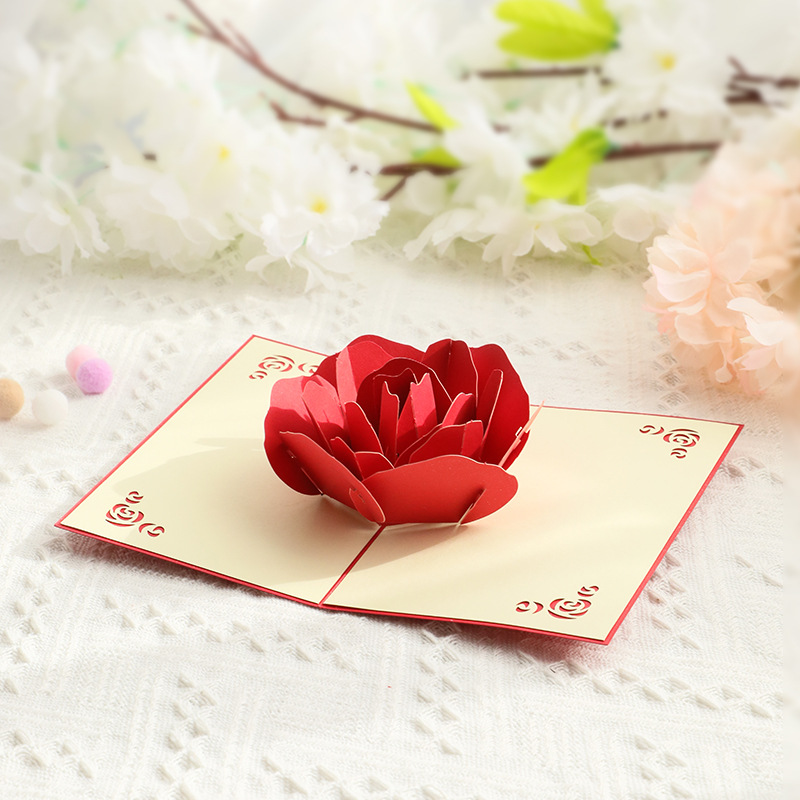 Chinese Valentine's Day three-dimensional greeting card foreign trade creative blessing 3D three-dimensional handmade paper carving large rose card wholesale