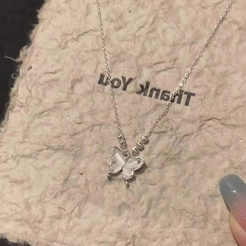 Cold Wind Ice Penetration Cat's Eye Stone Butterfly Necklace Exquisite High Color Value with Skirt Clavicle Chain for Women