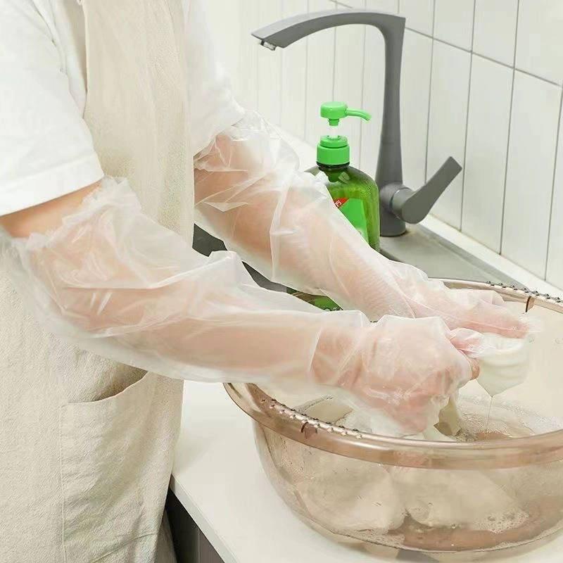 Длинные одноразовые пластиковые водонепроницаемые перчатки