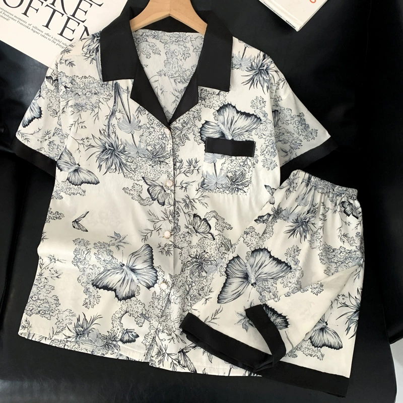 Silk Summer Pajama Set, Thin Cardigan & Shorts, Lightweight Sleepwear, Multiple Colors