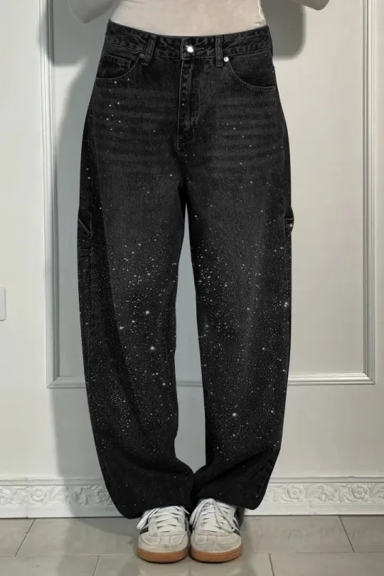 Women's High-Waisted Straight Leg Jeans Full Diamond Washed Denim Loose Fit European And American Style_mkmklike.com