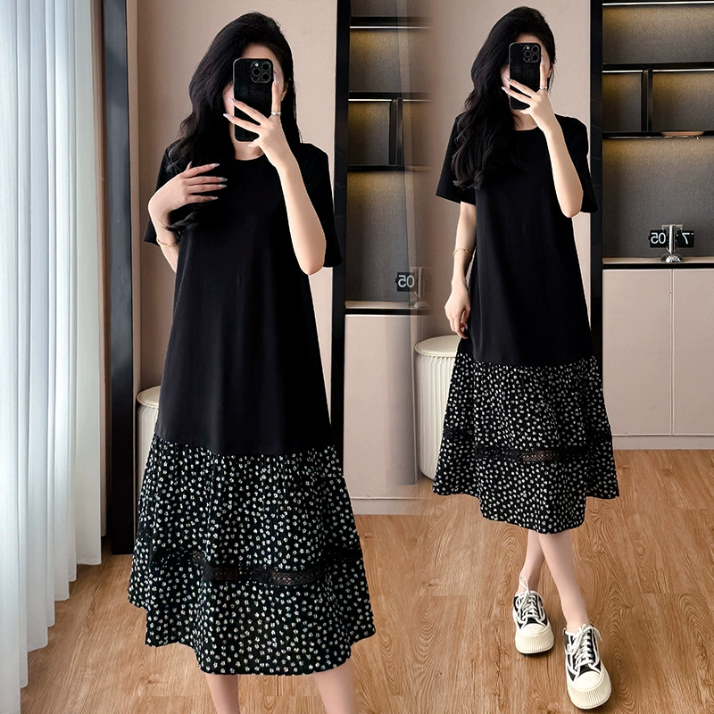 Летнее платье 2025 года в корейском стиле с цветочным принтом, укороченное, для стройного силуэта, с круглым вырезом, в стиле casual, для южноазиатского региона, больших размеров.