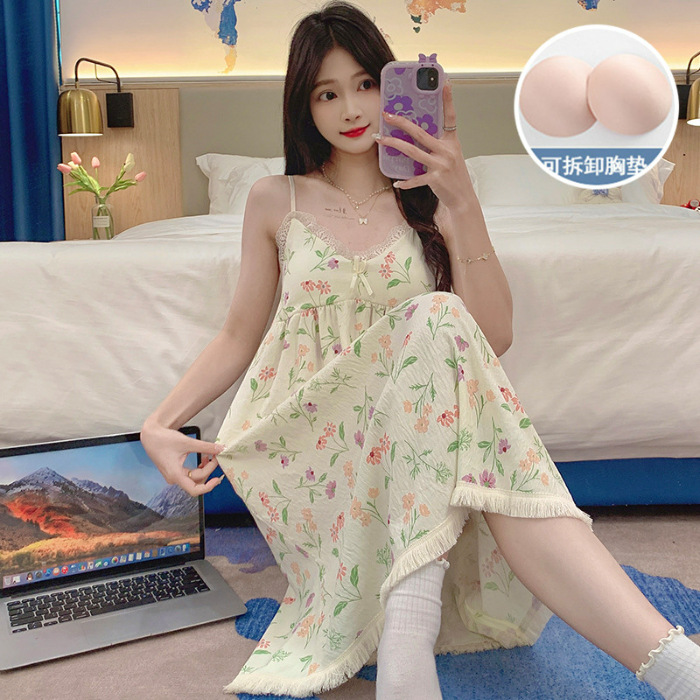 Pijamas de verano de niña cabina larga falda cojín de pecho camiseta ropa casera nubes de algodón dulce ropa casera