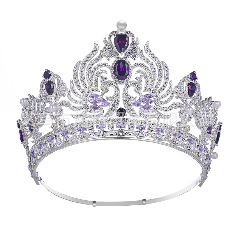 Circón púrpura del desfile de la Corona Perla Rhinestone completo redondo corona volver tamaño ajustable vestido tocado