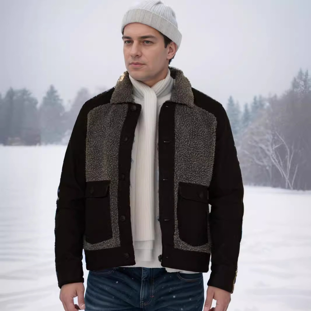 New autumn and winter 2024 lamb wool spliced woolen coat European version jacket for men_voghion.com