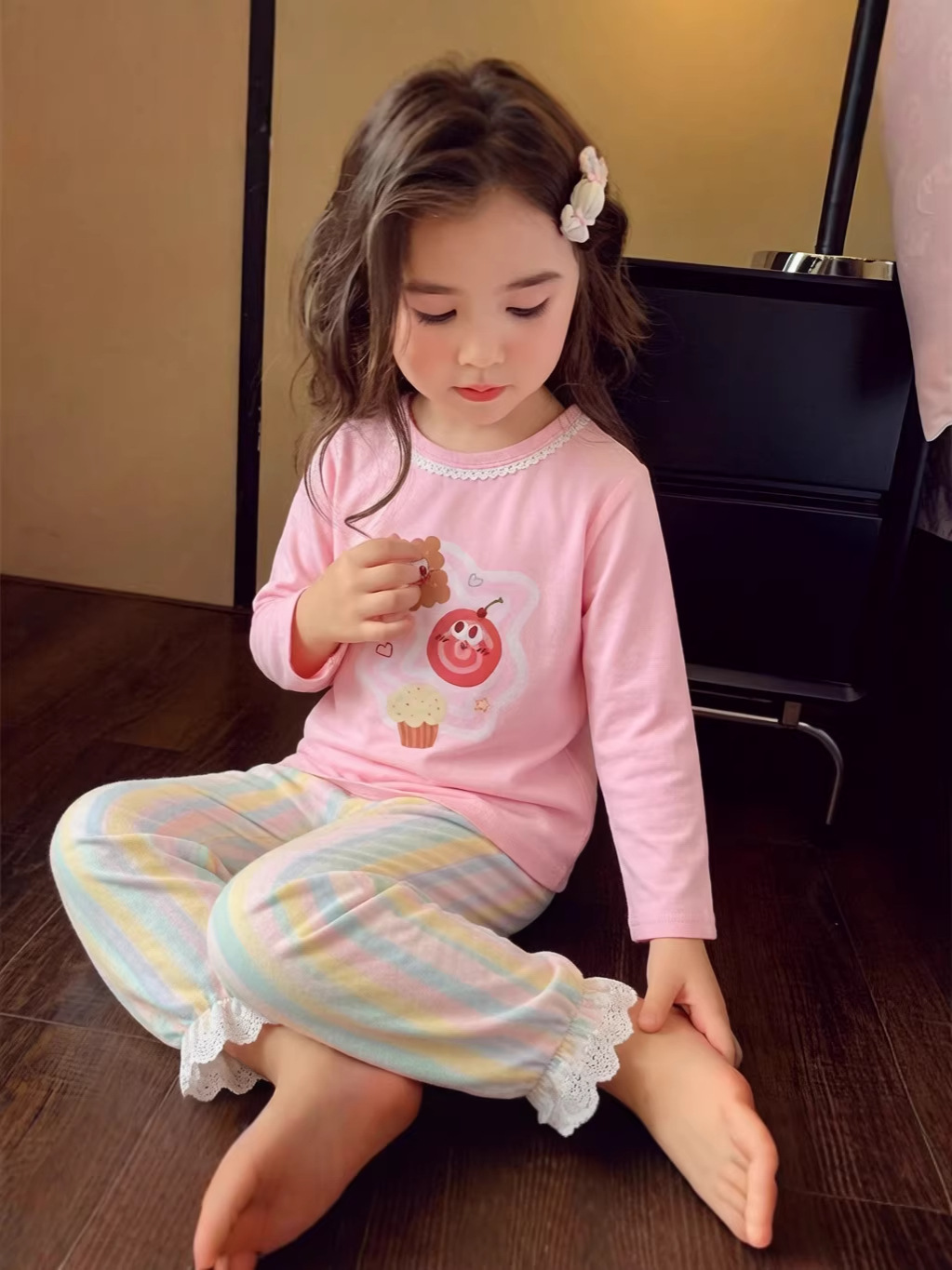 Nuevo conjunto de casa de primavera y verano niñas conjunto de ropa de casa Cardigan de encaje pijama infantil conjunto de pijamas de algodón