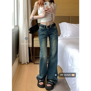New York model student tall retro pocket printed mid-waist jeans women's autumn and winter loose slimming micro flared pants