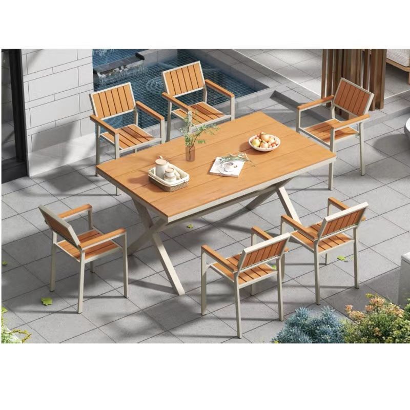 Waterproof and Sun-Proof Outdoor Plastic Wood Tables and Chairs Courtyard Outdoor Leisure Dining Table Open-Air Balcony Garden Anti-Corrosion Table and Chair Combination