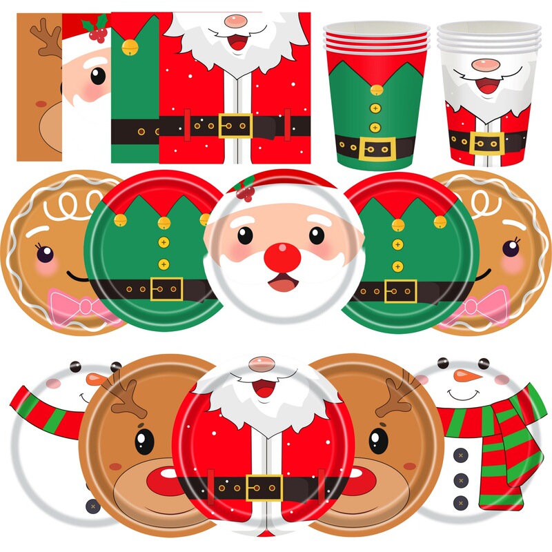 Cross-Border Christmas Party Decoration Disposable Tableware Set Christmas Snowman Red and Green Disposable Paper Plates and Napkins Cross-Border Christmas Party Decoration Disposable Tableware Set Christmas Snowman Red and Green Disposable Paper Plates and Napkins