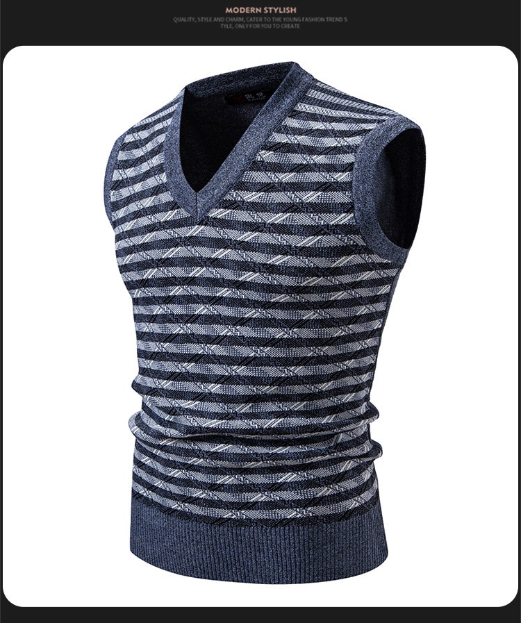 Vêtements pour hommes - Gilet en maille pour hommes - Pull d'hiver/automne ajusté à col en V sans manches - Cardigan décontracté à rayures jacquard pour jeunes_voghion.com