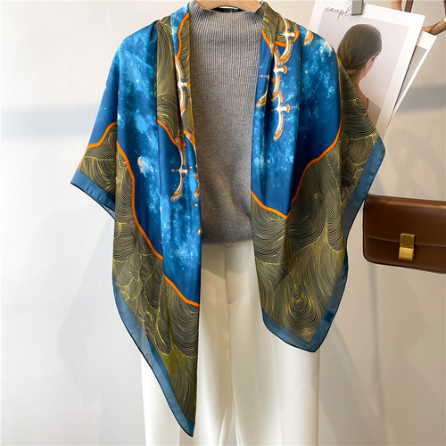Chinese style ancient building color matching silk scarf large square scarf 110cm travel shawl sun protection scarf decorative versatile scarf