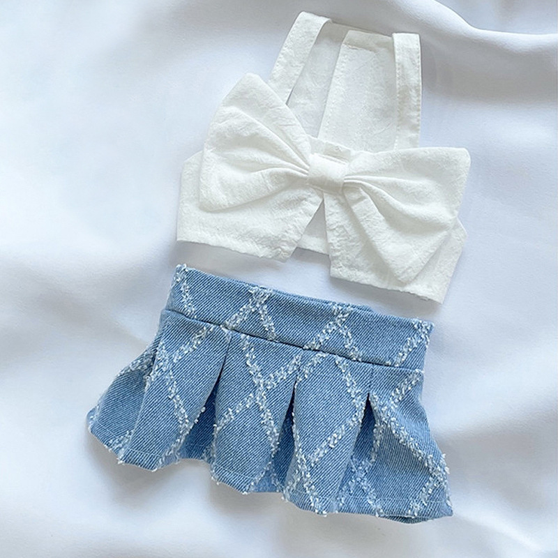 Summer New Dog Pet Clothing Denim Plaid Vest T-Shirt Half Skirt Set 2-Piece Set