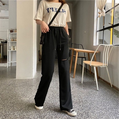 Summer new style ripped sports casual pants summer high waist drapey wide leg pants loose straight leg floor mopping trousers women versatile