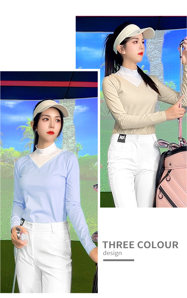 Áo phông golf nữ dài tay giả cổ đứng cổ chữ V PGM — YF738 [Áo lót lông chải/ôm dáng thon gọn] Áo kaki, YF738 [Áo lót lông chải/ôm dáng gầy] màu đen, YF738 [Áo lót lông/ôm dáng gầy] màu xanh nhạt chi tiết 4