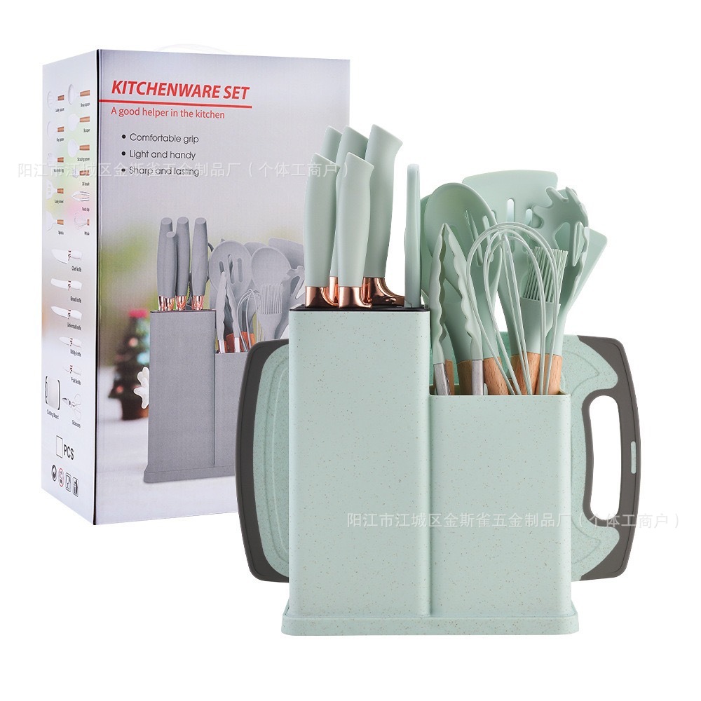 19 piezas de fábrica de cocina de silicona cocina antiadherente resistente a altas temperaturas con cuchillos de silicona con barril de almacenamiento